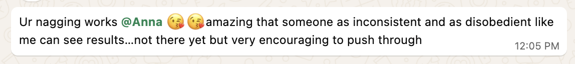 WhatsApp message thanking the team for accountability