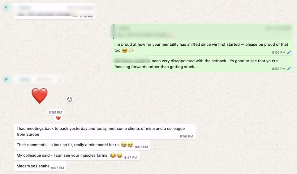 WhatsApp check-in from a client about colleagues calling her a role model