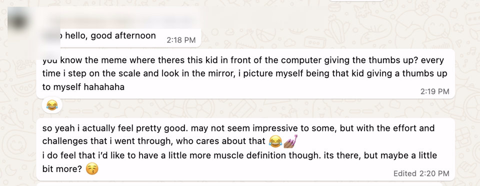 WhatsApp check-in about feeling good on the scale and in the mirror